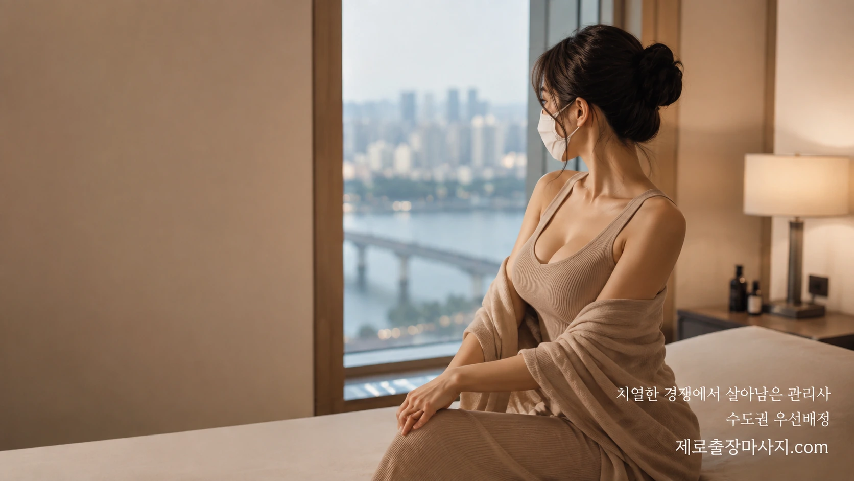 호텔 침대에 앉아 있는 마스크를 착용한 여성과 제로출장마사지 안내 문구